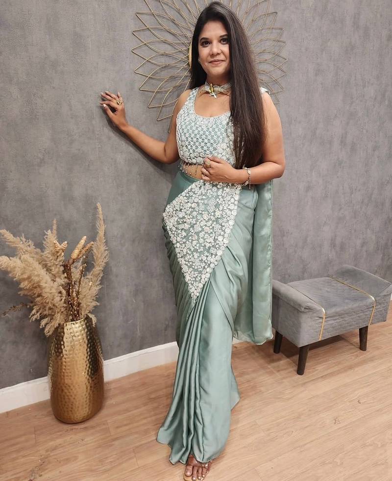 Sky Blue Color Embroidered,Thread & Sequins Work Work Rangoli Silk Ready To Wear Saree