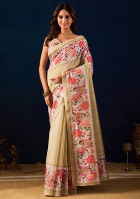 Beige digital floral print chiffon festive ethnic saree with blouse 3