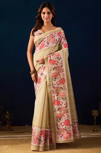 Beige digital floral print chiffon festive ethnic saree with blouse