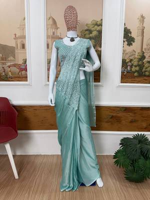 sky blue embroidered,thread & sequins work work rangoli silk pre draped saree 2