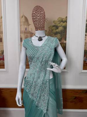 sky blue embroidered,thread & sequins work work rangoli silk pre draped saree 3