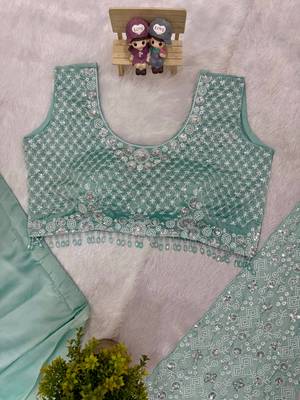 sky blue embroidered,thread & sequins work work rangoli silk pre draped saree 4