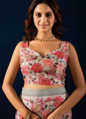 Beige digital floral print chiffon festive ethnic saree with blouse 5