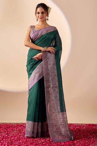 Green solid colour cotton silk semi formal saree with blouse