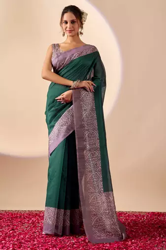 Green solid colour cotton silk semi formal saree with blouse