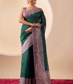 Green solid colour cotton silk semi formal saree with blouse
