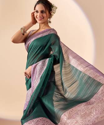 Green solid colour cotton silk semi formal saree with blouse 3