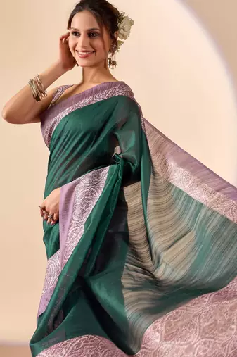 Green solid colour cotton silk semi formal saree with blouse