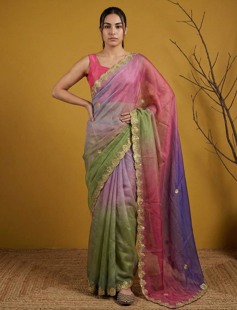 Multicolor ombre zari embroidery border work organza silk  