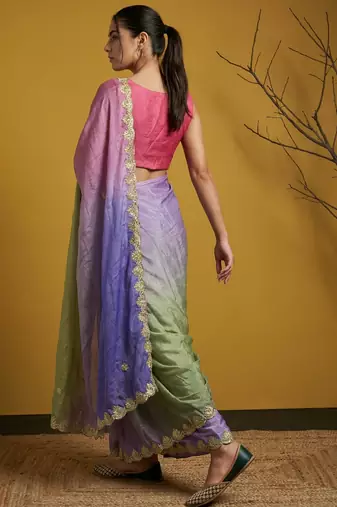 Multicolor ombre zari embroidery border work organza silk  