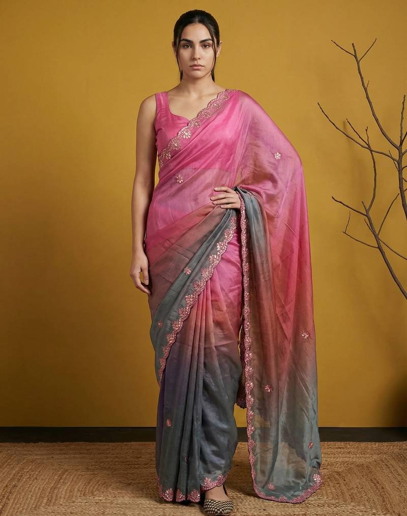 Multicolor ombre zari embroidery border work organza silk  