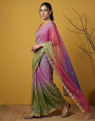 Multicolor ombre zari embroidery border work organza silk   3