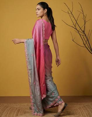 Multicolor ombre zari embroidery border work organza silk   2