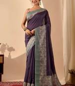 Purple solid colour cotton silk semi formal saree with blouse