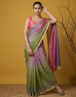 Multicolor ombre zari embroidery border work organza silk   4