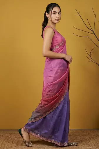 Multicolor ombre zari embroidery border work organza silk  