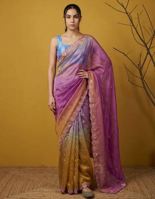 Lavender ombre zari embroidery border work organza silk   1