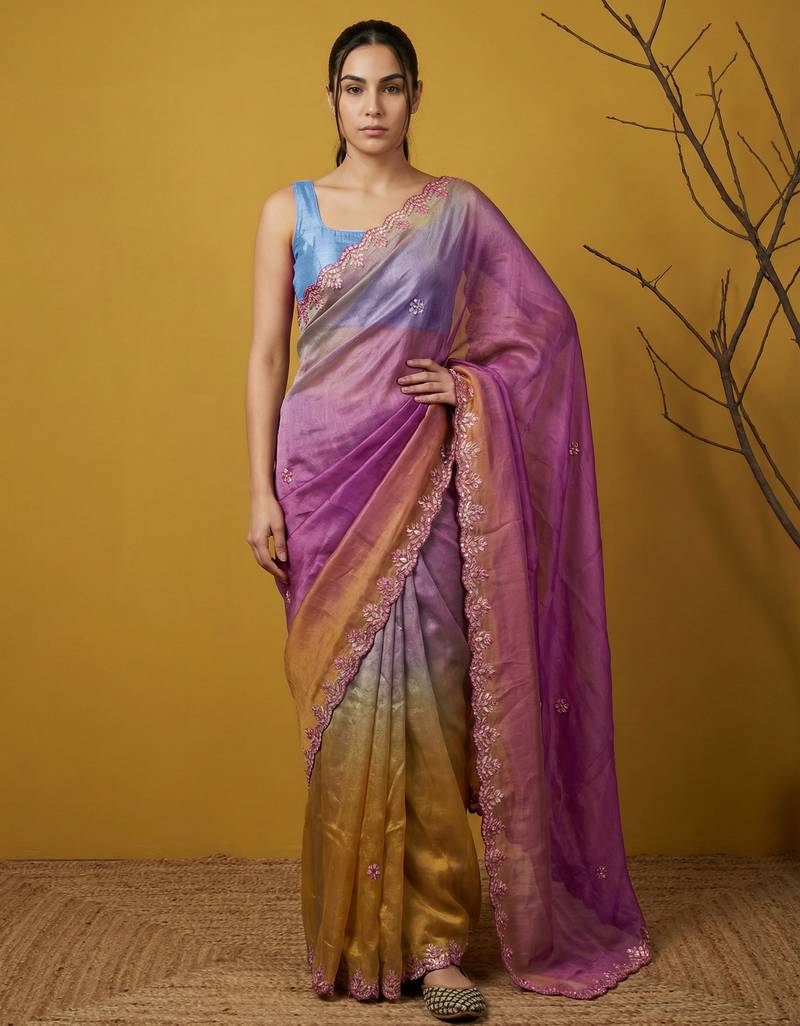 Lavender ombre zari embroidery border work organza silk  