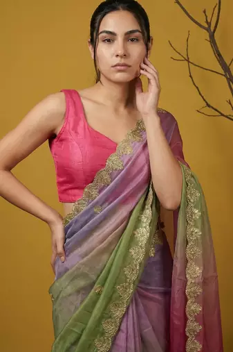 Multicolor ombre zari embroidery border work organza silk  
