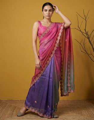 Multicolor ombre zari embroidery border work organza silk   4