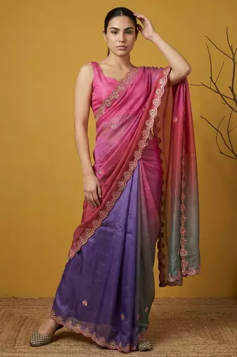 Multicolor ombre zari embroidery border work organza silk  