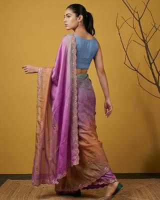 Lavender ombre zari embroidery border work organza silk   2