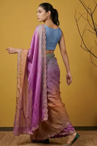Lavender ombre zari embroidery border work organza silk  