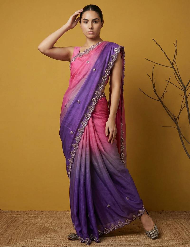 Peach ombre zari embroidery border work organza silk   party