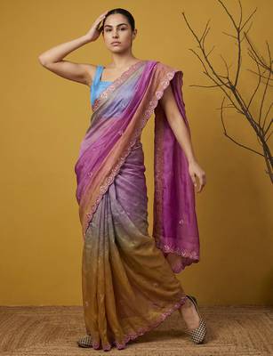 Lavender ombre zari embroidery border work organza silk   3