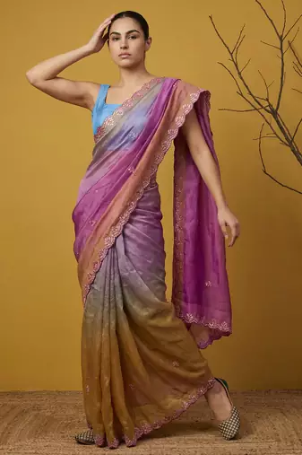 Lavender ombre zari embroidery border work organza silk  