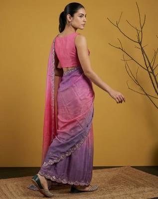 Peach ombre zari embroidery border work organza silk   party 2