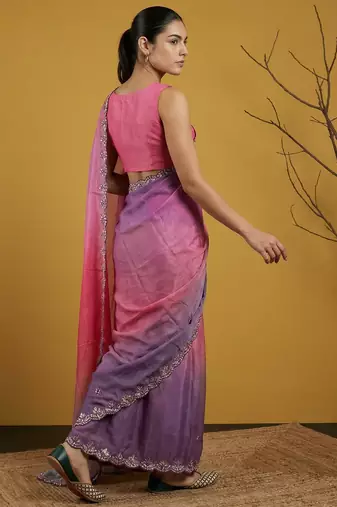 Peach ombre zari embroidery border work organza silk   party
