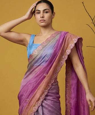 Lavender ombre zari embroidery border work organza silk   4