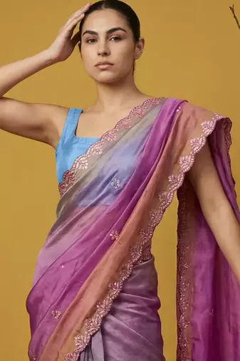 Lavender ombre zari embroidery border work organza silk  