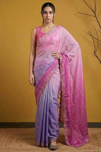 Pink ombre zari embroidery border work organza silk fabric party wear elegant style designer saree with blouse piece