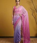 Pink ombre zari embroidery border work organza silk   party wear elegant style designer saree with blouse piece