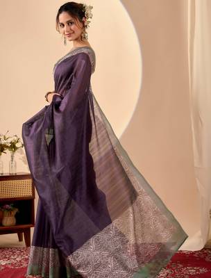 Purple solid colour cotton silk semi formal saree with blouse 3