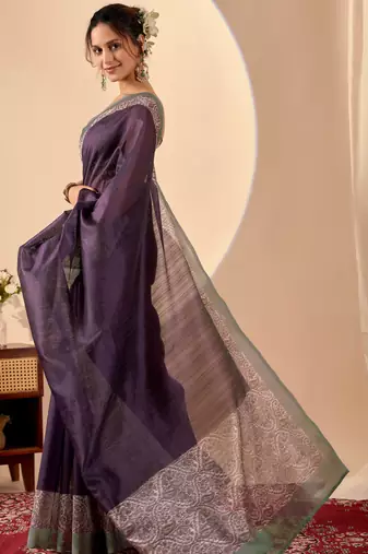Purple solid colour cotton silk semi formal saree with blouse