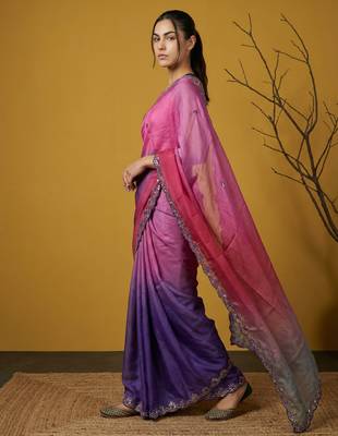 Peach ombre zari embroidery border work organza silk   party 3