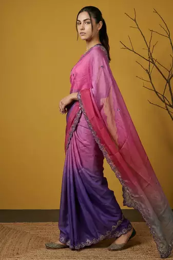 Peach ombre zari embroidery border work organza silk   party