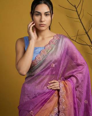 Lavender ombre zari embroidery border work organza silk   5