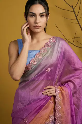 Lavender ombre zari embroidery border work organza silk  
