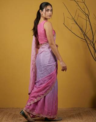 Pink ombre zari embroidery border work organza silk   party wear elegant style designer saree with blouse piece 2