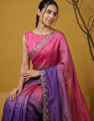 Peach ombre zari embroidery border work organza silk   party 4