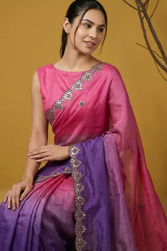 Peach ombre zari embroidery border work organza silk   party