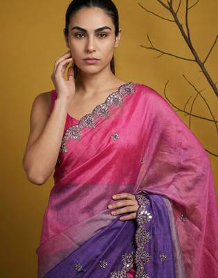 Peach ombre zari embroidery border work organza silk   party 5
