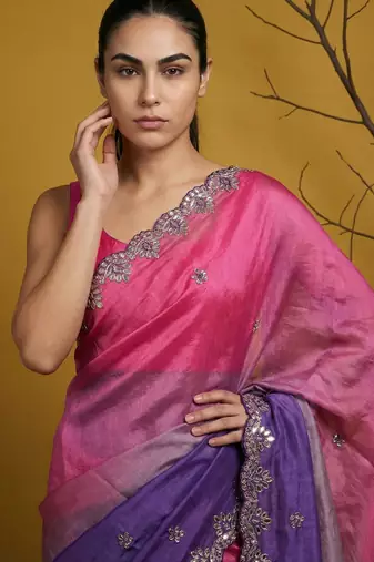 Peach ombre zari embroidery border work organza silk   party