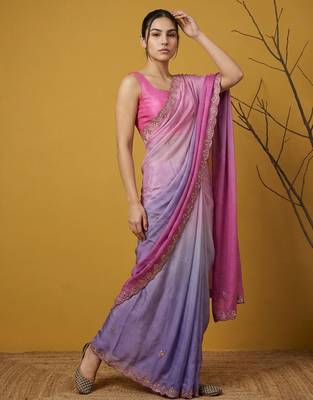 Pink ombre zari embroidery border work organza silk   party wear elegant style designer saree with blouse piece 4