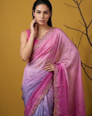 Pink ombre zari embroidery border work organza silk   party wear elegant style designer saree with blouse piece 5