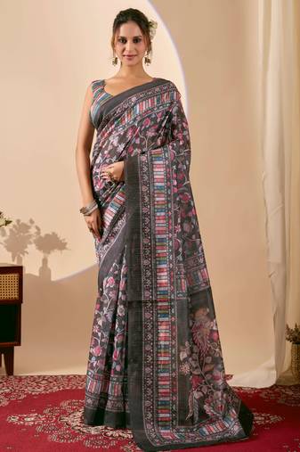 black digital floral print chiffon festive ethnic saree with blouse
